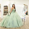 Sage Green Sweetheart Quinceanera Dresses Sweet 16 Prom Evening Gowns Off Shoulder Applique Lace Tull Vestidos De 15 Anos Ball Gown