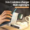 3-en-1 pour montre de téléphone portable 15W chargeur sans fil design pliant réveil 20W port de type C RGB LED veilleuse - noir