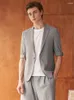 Herrenanzüge Herren Sommer Herren Set Kurzarm Blazer Hose Lässiger Stil Hochzeit Bräutigam Tragen Dünn Cool Khaki Slim Fit Kleidung Single 1