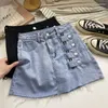 Saias Mulheres Chic Botão Denim Saia Cintura Alta Elegante Moda Coreana Envoltório Verão Curto Roupas Doces