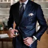 Top de moda para hombre a rayas azul marino con solapa, chaqueta y pantalones cruzados para hombre, vestido de noche de boda informal formal, corte ajustado de 2 piezas 231023