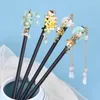 Hair Clips Glaze Flower Wooden Hairpins With Tassel Ancient Costume Hanfu Hairwear Boho Ethnic Disk Handmade Buyao Women