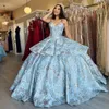 Abito da ballo con scollo a cuore blu cielo Abiti stile Quinceanera Off Shuolder Appliques Ricami di lusso Abito dolce 16 Abiti da Xv 15 Anos