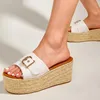 Slippers Platform Rattan Grass Woven Wedges Women's Summer Slip On Slides Muller Shoes Pumps Belt Buckle Solid Color PU Leather