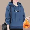 Hoodies femininos inverno forrado de pelúcia oversize 80kg impressão com capuz solto moletom quente casual manga longa topos grosso mulher moda