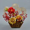 Decorative Flowers Gold Red Berry Bean Twig Branch For DIY Handmade Bouquet Decoration Artificial Flower Christmas Accessories 8Pcs