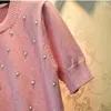 女性用TシャツブランドパールラインストーンビーズピンクのショートスリーブプルオーバーティーオネックスリムニットTシャツ女性トップ2023夏