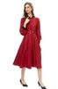 Women's Runway Dresses Stand Piping Collar Long Sleeves Mid Vestidos with Belt