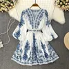 Urban Sexy Dresse S Fashion Autumn Blue Print V Neck Długie rękaw Bohemian Sukienka Elegancka Latarnia Latarna Święta Vestidos 231023