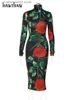 Urban Sexy sukienki Hawthaw Women Bodycon Bodycon Club Club Floral Midi Sukienka 2022 Fall Clothing Hurtowe przedmioty dla biznesu T231023