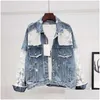 Women'S Jackets Fashion Hollow Out Denim Jacket Women Embroidery Lace Splice Jeans Female Washed Coat Loose Plus Size Coats Drop Del Dhcul