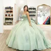 Sage Green Sweetheart Quinceanera klänningar Sweet 16 Prom Evening Gowns Off Shoulder Applique Lace Tull Vestidos de 15 Anos Ball Gown