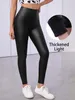 Kvinnors byxor capris svart pu läder kvinnor hög midja mager push up plysch leggings elastiska byxor jegings 231021