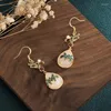 Dangle Oorbellen National Tide Etnische Thaise Blauwe Vintage China Stijl Druppelvormige Jade Bloemen Planten Hanger Haak Voor Vrouwen Cadeau