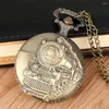 Карманные часы Ретро Бронзовый поезд Локомотивный двигатель Кварцевые часы с цепочкой-ожерельем Элегантный кулон Подарок для мужчин Винтажные часы