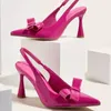 Sapatos de vestido feminino de salto alto verão 2023 bowknot rosa vermelho transparente decorar sandálias de moda apontou bombas de estilete