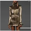 Grundlegende Freizeitkleider Freizeitkleider High Street Est Fashion 2022 Runway Designer Womens Sparkle Gold Long Sleeve Belted Plissee Appa Dhesl