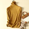 Kvinnors tröjor Turtleneck Brown Sticked Women Sweater Pullovers Lätt fast långärmad elastisk elegant kvinna drar utkläder topp