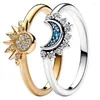 حلقات الكتلة الأصلية Golden Shine Semestial Blue Blueling Moon and Sun Ring مع Crystal Fit 925 Sterling Silver Europe DIY Jewelry