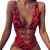 Kobiety stroje kąpielowe seksowne kobiety bandaż wyściełany jeden kawałek stroju kąpielowego Monokini Leopard Deep V-Neck Backless Backless