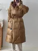 겨울 오리지널 디자인 복 자켓 여성 새로운 90% 흰색 오리 느슨한 큰 크기의 여성 후드 길고 두꺼운 따뜻한 타이 다운 재킷 여성