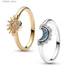 Bröllopsringar 2023 NYTT I SUMME RINGS Celestial Blue Sparkling Moon and Sun Ring For Women Stapble Finger Band Fashion Silver 925 Jewellry Q231024