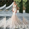 Flower Lace Romantic Sexy Mermaid Wedding Guest Dresses With Capped Sleeves Illusion Bodice Appliques Dress For Bride Women Bridal Gown