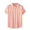 Men's Casual Shirts Luxury Shirt Summer Striped Print Cotton Linen Beach Short Sleeve Lapel Blouses Camisa Hawaiana Hombre