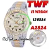 TWF V3 126331 126334 A2824 Automatic Mens Watch Paved Diamonds Arabic Dial Two Tone 904L Stainless Case Fully Iced Out Diamond Steel Bracelet Trustytime001Watches