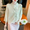 Damenblusen im chinesischen Stil, elegant, bestickt, für Damen, unregelmäßiges Chiffon-Lose-Hemd, 2023, Herbstkleidung, Stehkragen, Dreiviertel