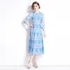 Retro Print Maxi Dress Women Designer Stand Collar Lantern Sleeve Slim Blue Vacation Dresses 2023 Autumn Winter Runway Loose Big Swing Elegant Fit Party Frocks