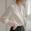 Women's Blouses Long Sleeve V-Neck Acetate White Satin Shirt Elegant Office Ladies Koran Fashion Woman Blouse 2023 Beautiful Top Women