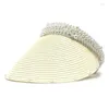 Szerokie brzegowe czapki 2023 Spring Summer Straw Hat Solid Kolor Pearl Visors Ochrona przeciwsłoneczna Cap dla kobiet 09