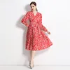 Women Belted Side Bow Red Wrap Dress Designer Elegant Fit V-Neck Vacation Midi Dresses 2023 Fashion Runway Slim Loose Big Swing Party Frocks Autumn Winter Robe