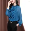 Camicette da donna Elegante volant Camicia impiombata Abbigliamento femminile Girocollo Primavera Autunno Manica lunga Pendolarismo Pieghe eleganti Bordare dritto