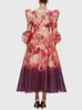 Casual Dresses Vgh Vintage Hit Color Floral Printing For Women V Neck Lantern Sleeve High midje Temperament Formell klänning Kvinnlig stil