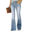 Kvinnors jeans bantar hög midja utblåst hem smal passform gradient färg full längd klockbotten denim byxor med knapp