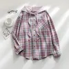 Blouses Femmes Casual Chemise À Carreaux Femmes À Capuchon Boutonné Femme Mode Dames Lâche À Carreaux Pour Veste À Poitrine Rose