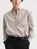 Blusas de mujer, silueta clásica a rayas, blusa holgada con logotipo bordado, Top de manga larga, camisa de un solo pecho para primavera y verano