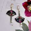Boucles d'oreilles pendantes rétro fleur de chardon boucle d'oreille femmes ethnique noir émail en forme d'éventail pierre rouge perle déclaration bijoux accessoires