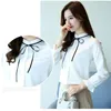 Kvinnors blusar White Chiffon Blue Women Shirt Stand Bow Puff Sleeve Womens Slim Elegant Casual Tops Femme Work Shirts Blusas Feminina