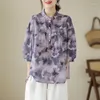 Kadınlar Blouses 2023 Yaz Sanatları Tarzı Kadınlar 3/4 Kollu Gevşek Ladies Kazak Bluz Vintage Çiçek Baskı Gündelik Gömlek Tops P100