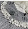 Damestruien Korea Collectie Mode 2023 Herfst Winter Dames Lange mouw Single Breasted Gevlochten Diamanten Parels Casual Grijze Wollen Trui