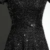 Sukienki imprezowe cekiny sukienki wieczorne bez pleców krótkie rękawy eleganckie imperium koronki do podłogi czarna formalna kobieta B1081