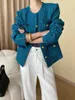 Women's Jackets Autumn Winter Peacock Blue Fragrant Round Neck Temperament Woven Tweed Coat Chic