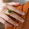 Cluster Rings Natural Hetian Jade Green Ring S925 Sterling Silver Adjustable Simple Classic Egg Noodle Ornament