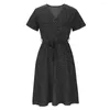 Casual Dresses Slim Loose Chiffon Dress with Classic för vuxna kvinnor Stylish Short Sleeve Elegant Midi On och of Duty Blackl