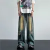 メンズパンツメンズヒップホップリッピングホールジーンズ韓国カジュアルハイストリートストレートパンツルーズワイドレッグビンテージブルーロングズボンの男性服