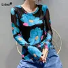 Camisetas femininas moda all-match floral impresso gaze t-shirt para feminino primavera outono coreano magro manga longa em torno do pescoço tops roupas