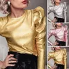 Kadın bluzları Bahar Sonbahar Kadınlar Yuvarlak Boyun Uzun Kollu Külot Punk Katı Pembe/Altın/Gümüş Renk Gloos T-Shirt Bayanlar Giysileri